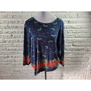 Christmas Take Two Womens Top 3X Plus Knit 3/4 Sleeve Poinsettias BLU252E